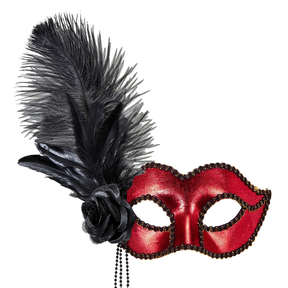 Venetian eye-mask with feather, red