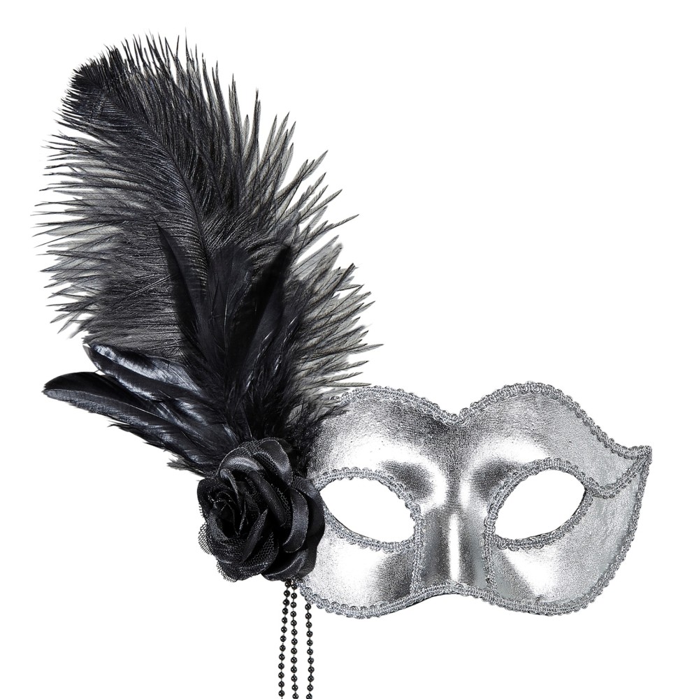 Venetian eye-mask with feather, silver