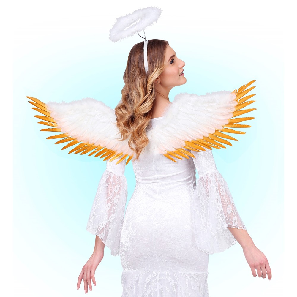 Крылья из перьев, белые с золотом, 100x25см
