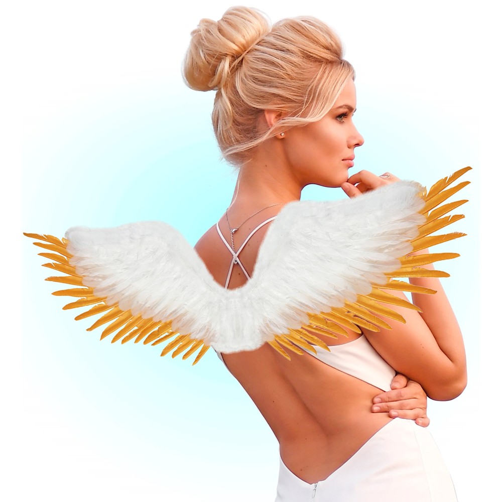 Крылья из перьев, белые с золотом, 100x25см