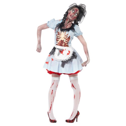 Zombi tüdruku kostüüm, kleit eraldi rinnaesise osaga ja põll (S)
