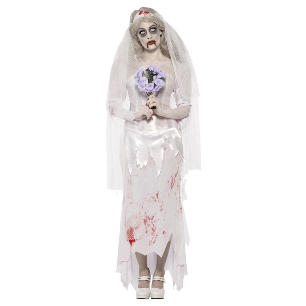 Zombie bride costume, dress, veil and bouquet, valge (S)