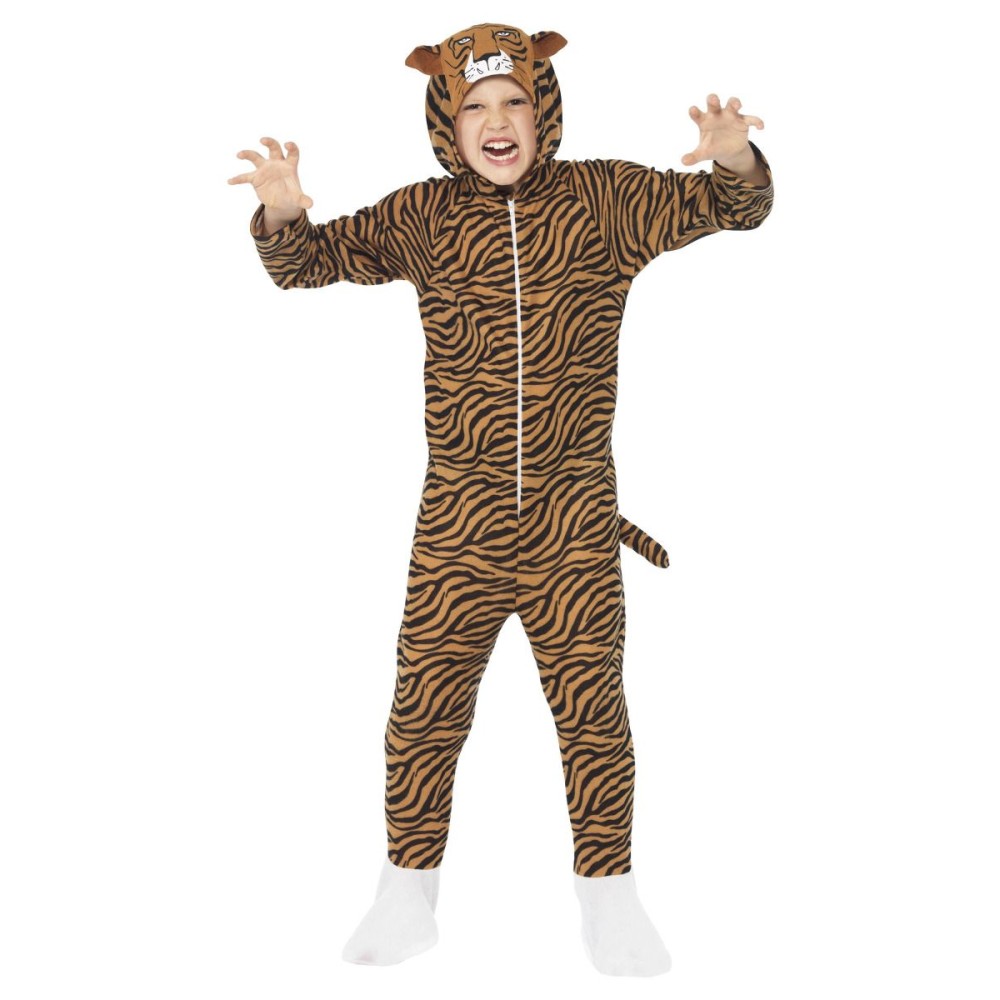 Tiigri kostüüm lastele, kapuutsiga jumpsuit (M, 130-143cm, 7-9 a.)