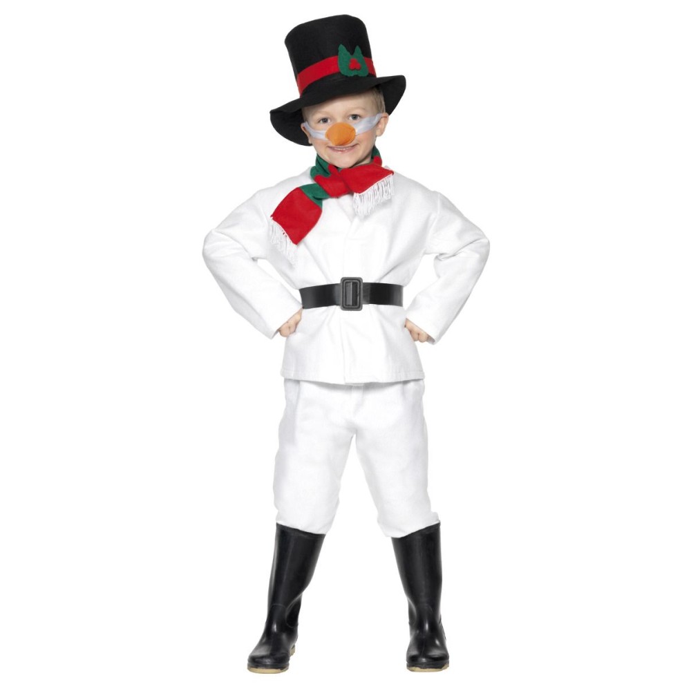 Snowman costume for children, top, pants, hat, scarf, belt, carrot nose (L, 145-158 cm, 10-12 years)