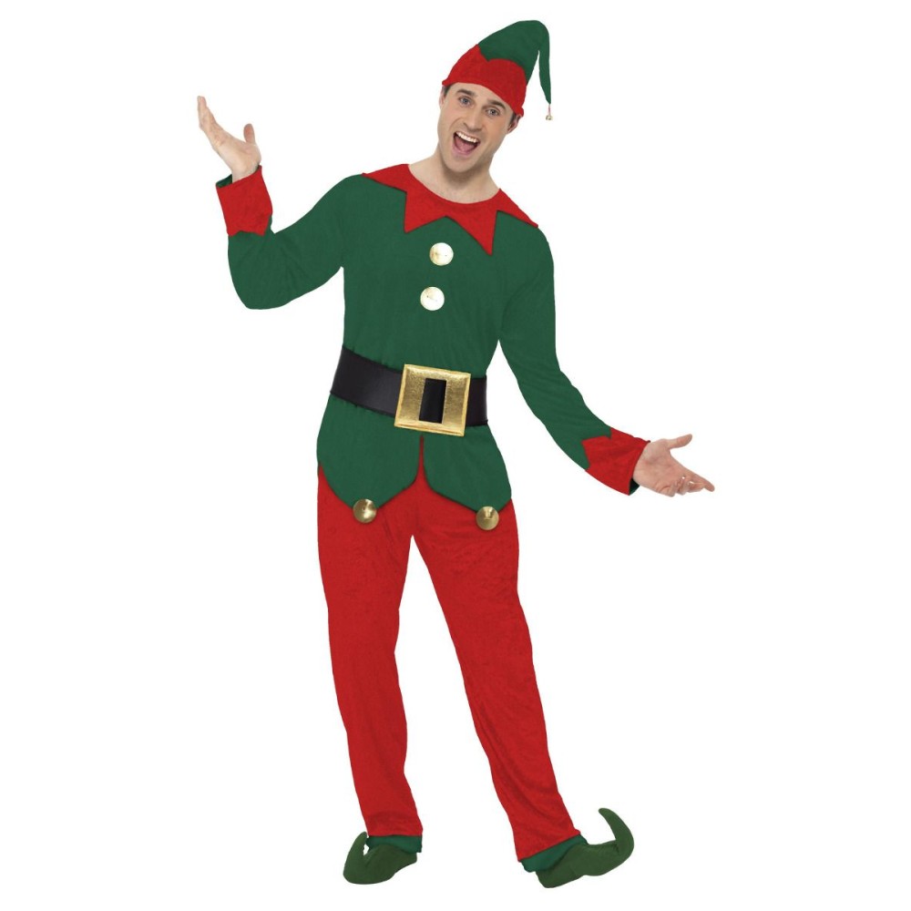 Elf costume, top, trousers, hat and belt, green-red (L, 42-44)