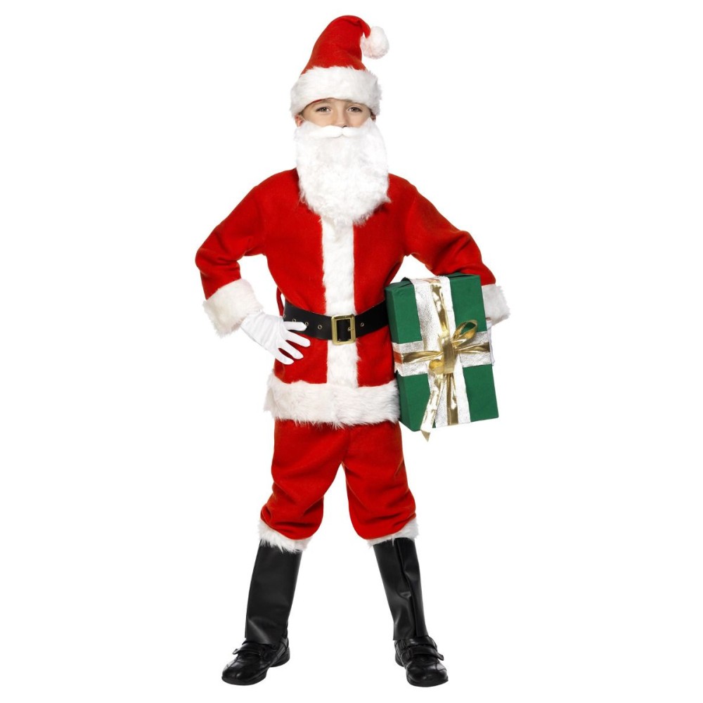 Santa Claus costume for children, jacket, pants, belt, gloves, beard, boot covers (L, 145-158cm, 10-12 y.)