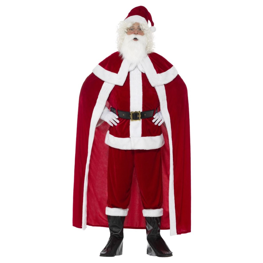 Santa costume, pants, jacket, cape, belt, boot covers, gloves, beard and hat (XL)