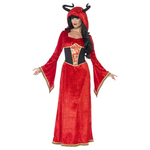 Deemonliku kuninganna kostüüm, kleit kapuutsi- ja sarvedega (L, 44-46)