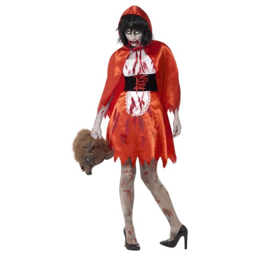 Zombi punamütsikese kostüüm, kleit ja keep (XS)