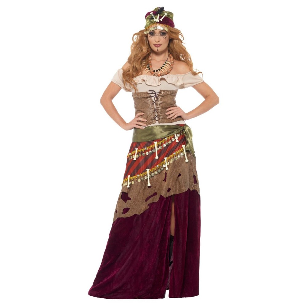 Voodoo priestess costume, dress, wide belt, hat and necklace (M)