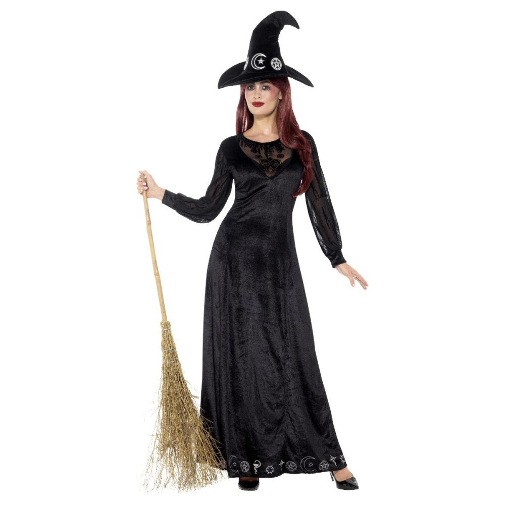 Костюм ведьмы, платье и шляпа, черный (L)
