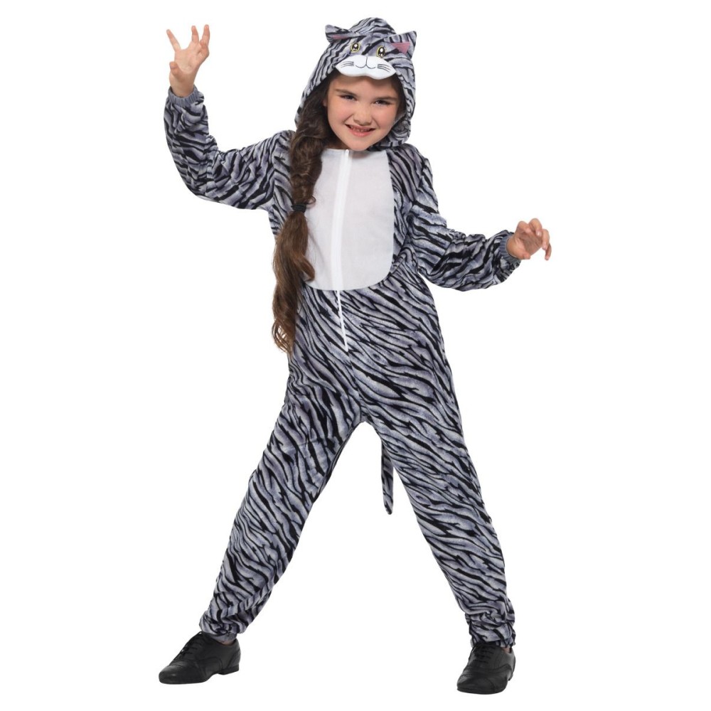 Cat costume, hooded jumpsuit, for children, gray (L, 145-158 cm, 10-12 years)