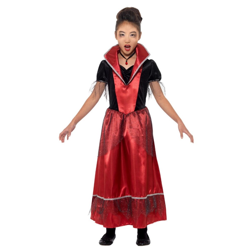 Vampiiriprintsessi kostüüm, kleit kõrge kraega, must-valge, lastele (L, 145-158cm, 10-12 a.)