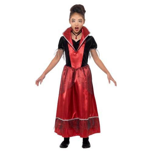 Vampiiriprintsessi kostüüm, kleit kõrge kraega, must-valge, lastele (S, 115-128 cm, 4-6 a.)