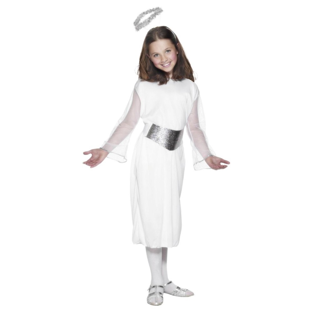 Angel costume, dress, belt and halo, white, kids (S)