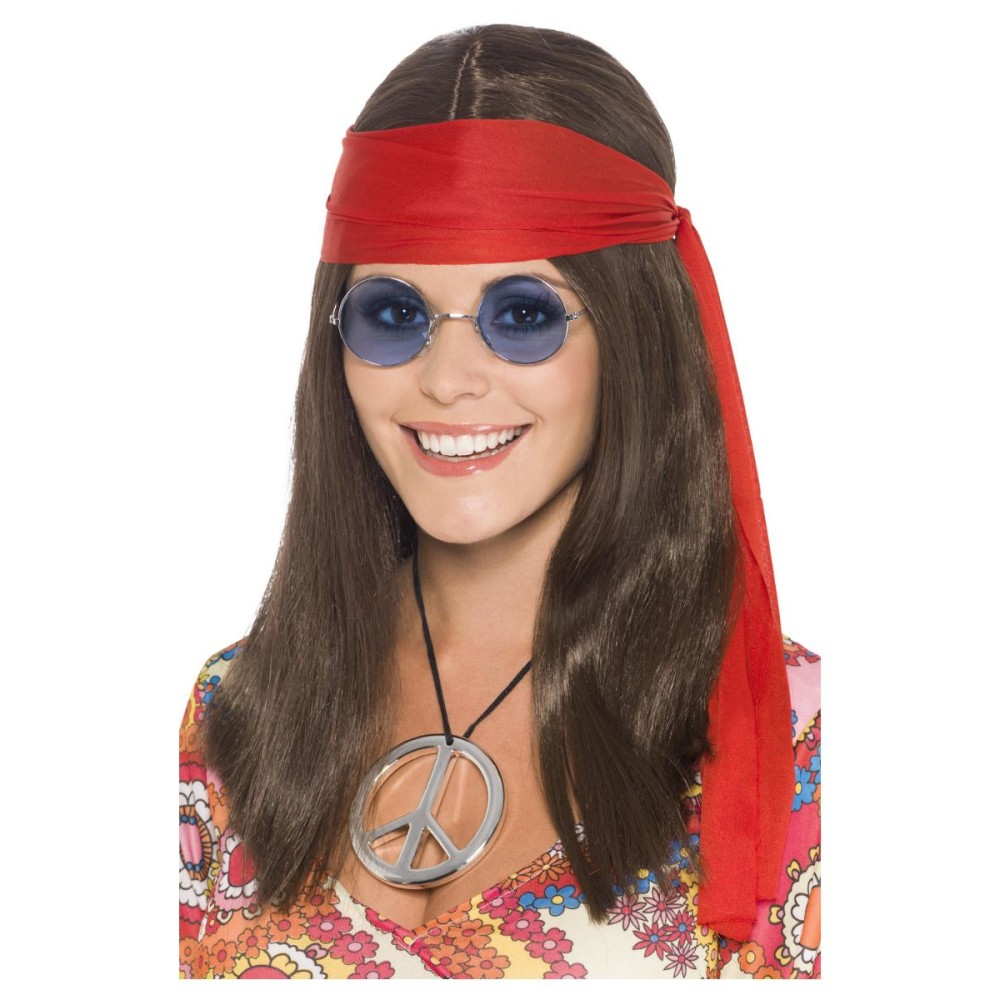 Hippi komplekt, parukas, prillid, medaljon ja peapael