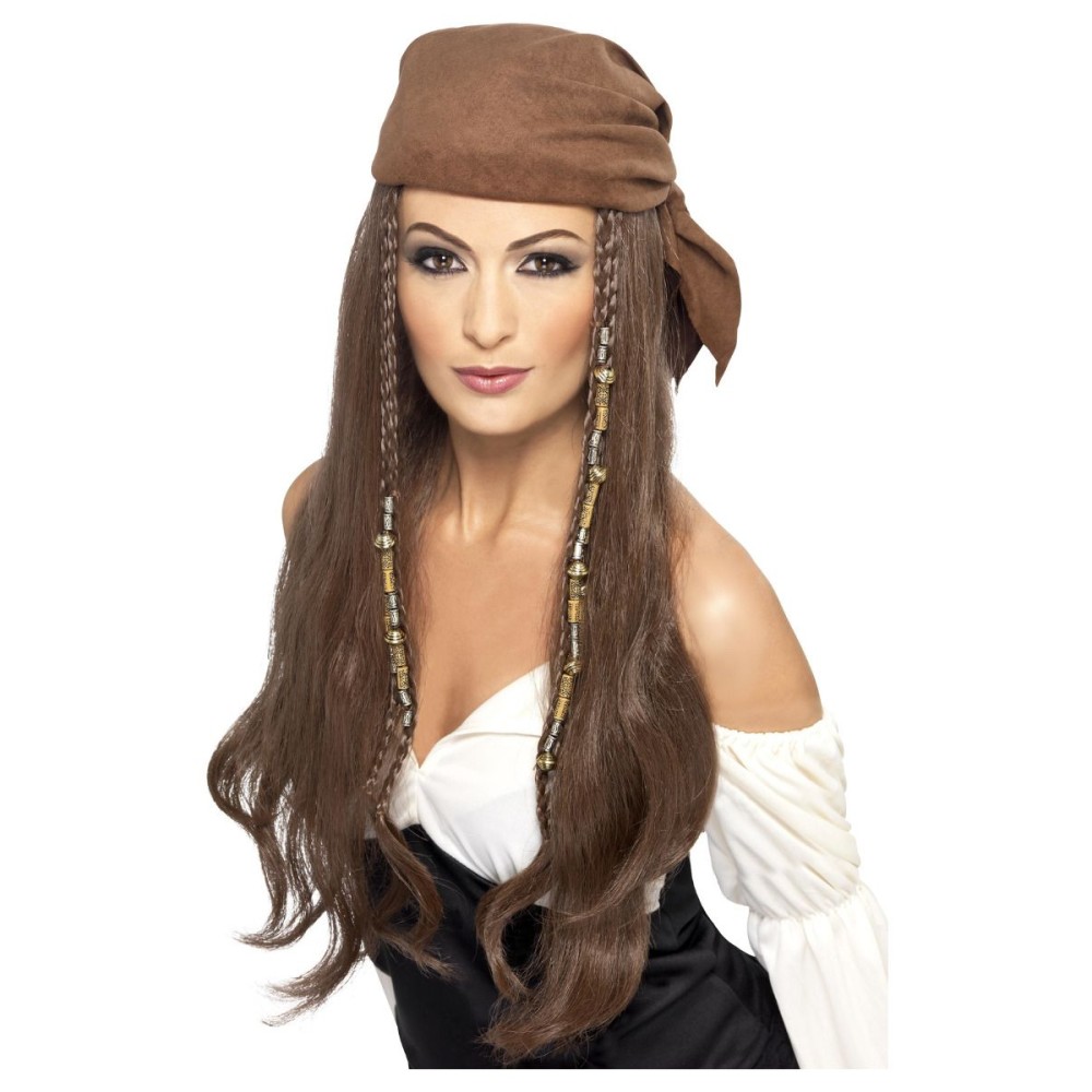 Pirate wig, with headgear, brown