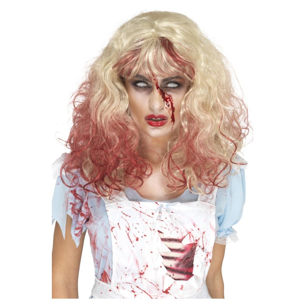 Zombie wig, with blood, long, curly, blonde