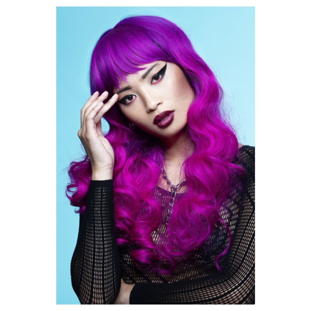 Fuchsia colored wig with fringe, curls at the ends, long
