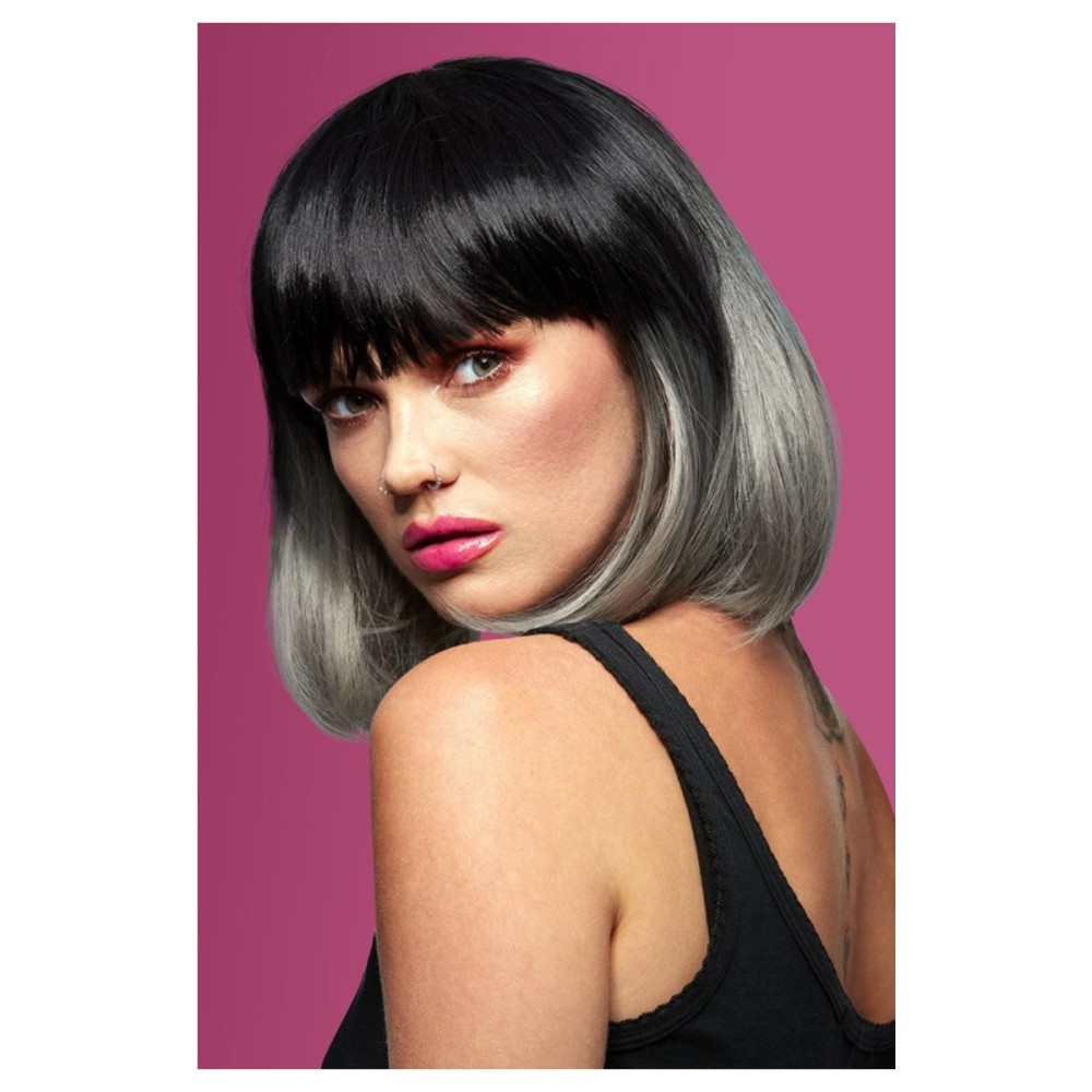 Ombre black-gray wig with bangs, shoulder length