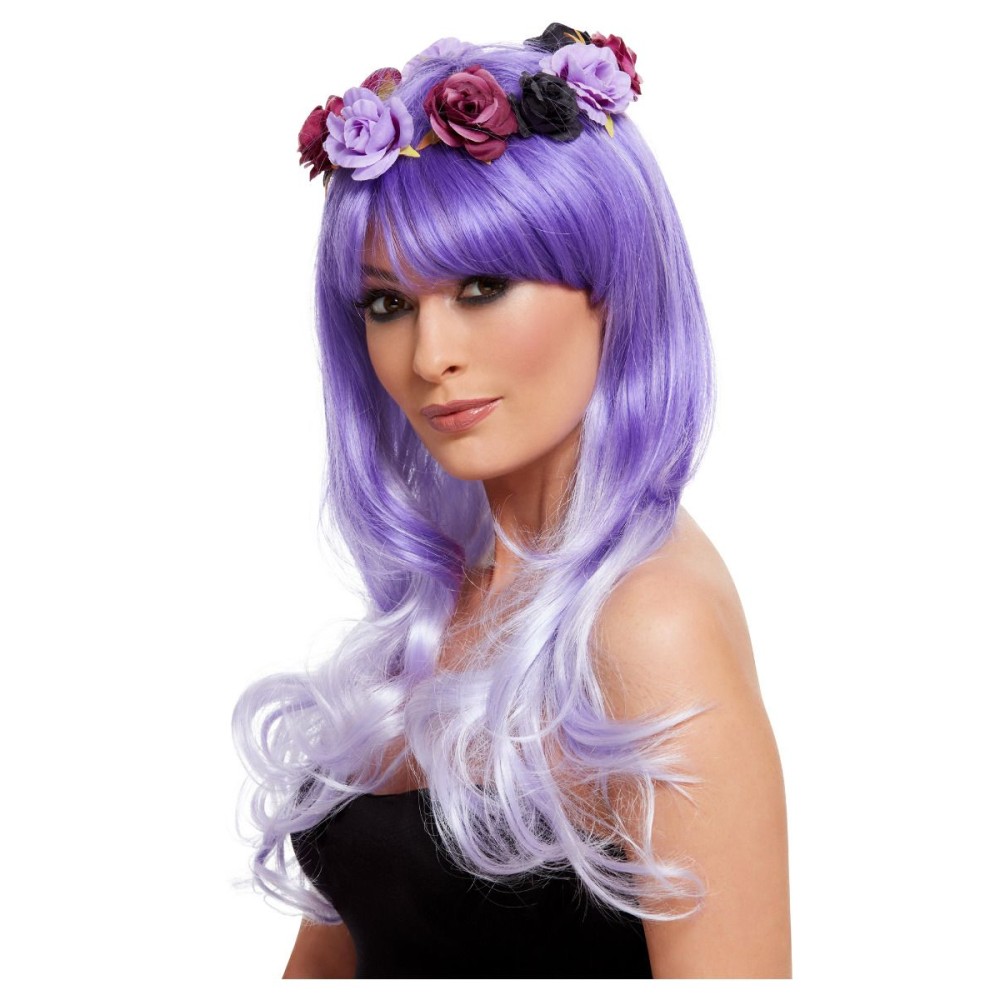 Purple wig, day of the dead, with flowers, long