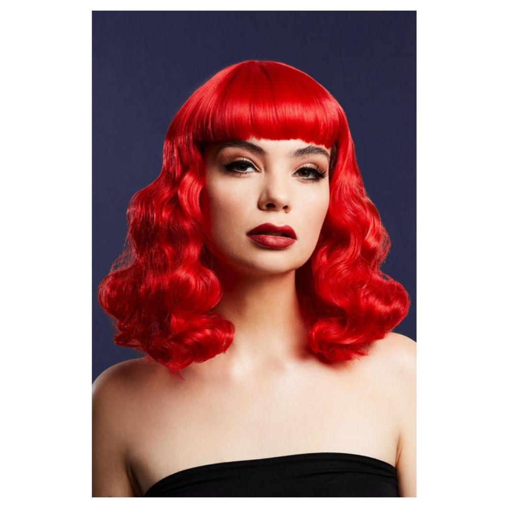 Red wig with bangs (Bettie), shoulder length, waves, 32cm