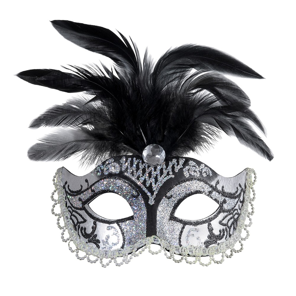 Eye mask, silver, with black feathers
