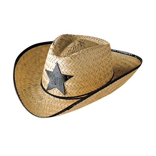 A cowboy hat, made of straw