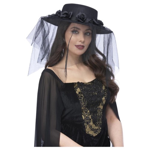 Gothic black widow funeral hat, with roses & veil