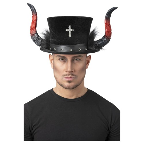 Deluxe devil top hat, with horns & marabou