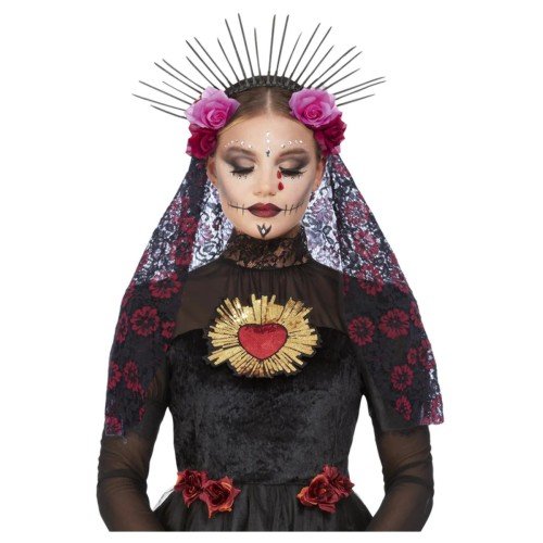 Deluxe Sunburst Day of the Dead Headband, with Roses & Veil