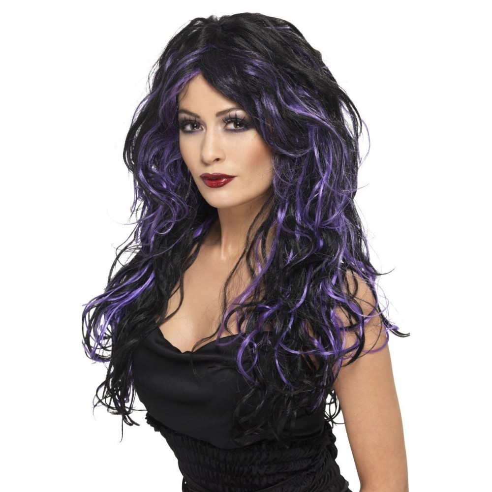 Gothic wig, long, black, purple stripes