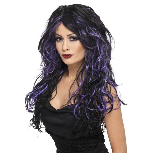 Gothic wig, long, black, purple stripes