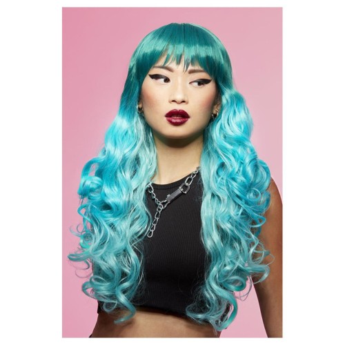 Light blue wig with bangs, straight, very long