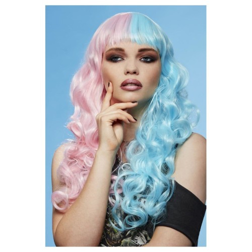 Двухцветный парик розово-голубой, локоны, длинный