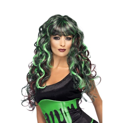Monster wig, black and green, long, curly