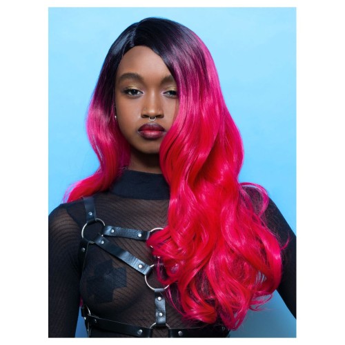 Black-pink wig, with curls, bangs, long