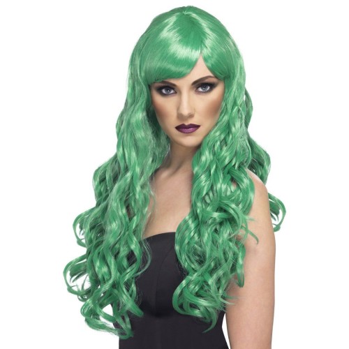 Wig with a bang, wavy, long, green
