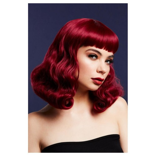 Plum colored wig with fringe (Bettie), shoulder length, waves, 32cm