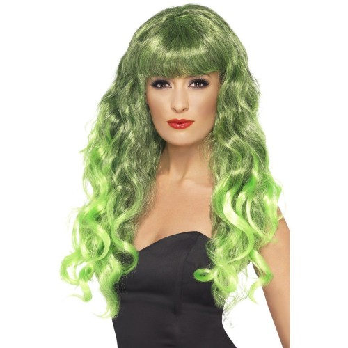 Green wig with fringe, with curls, long