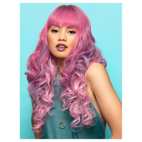 Розовый парик с локонами, челкой, длинный