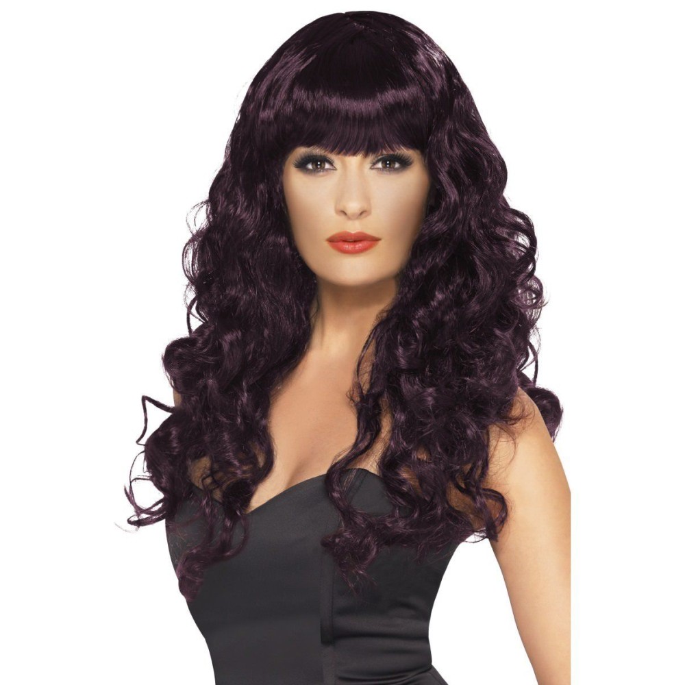 Dark brown wig with fringe, with curls, long