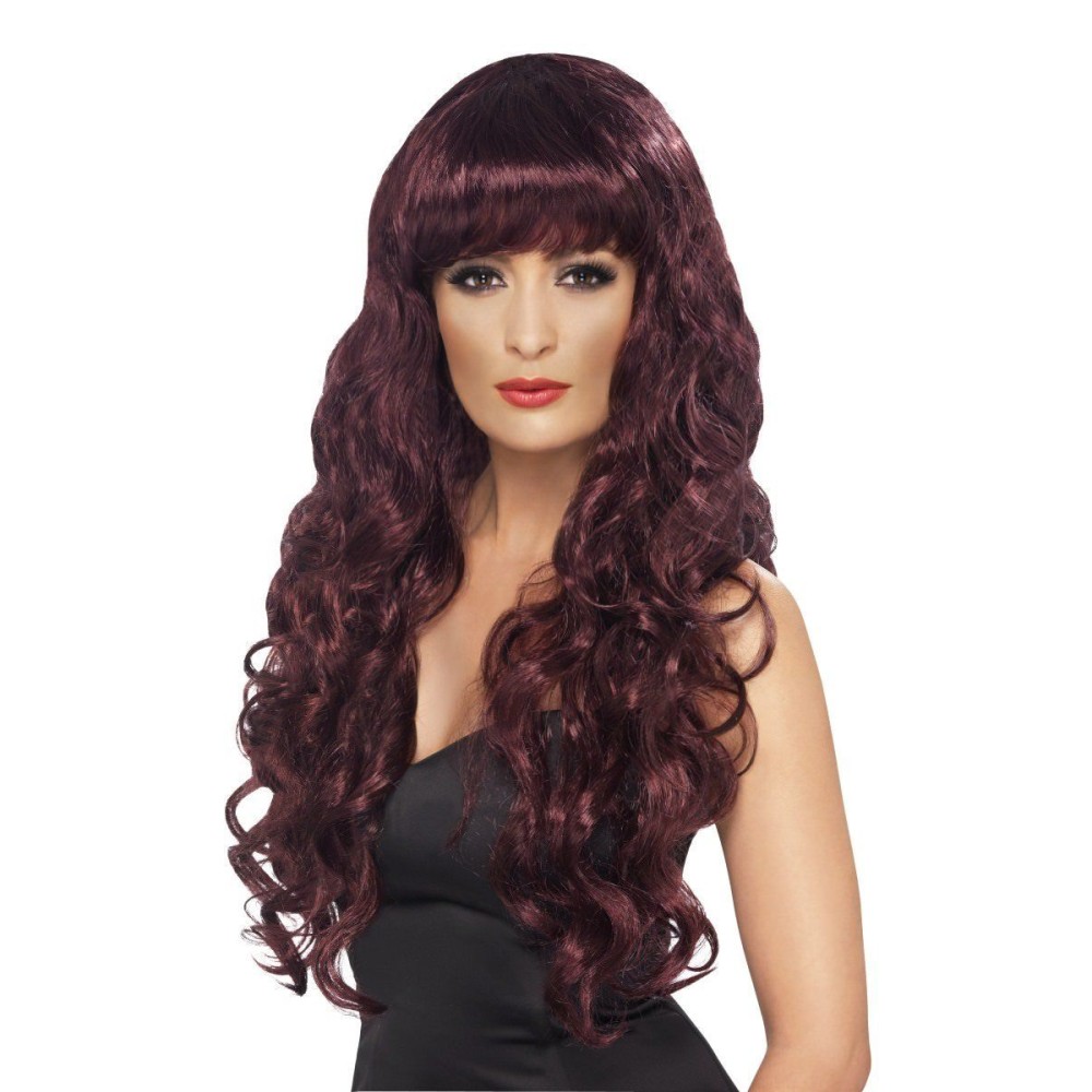 Dark red wig with fringe, with curls, long