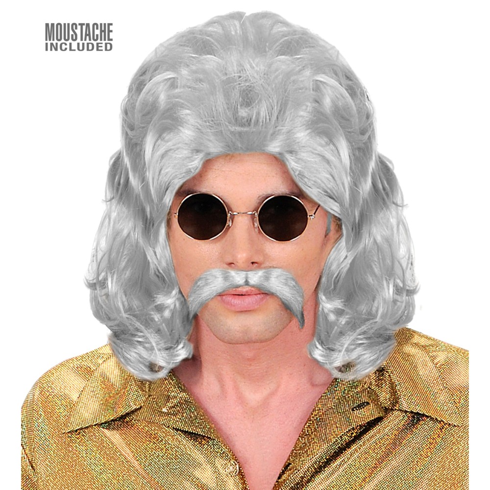 70s wig with mustache, grey