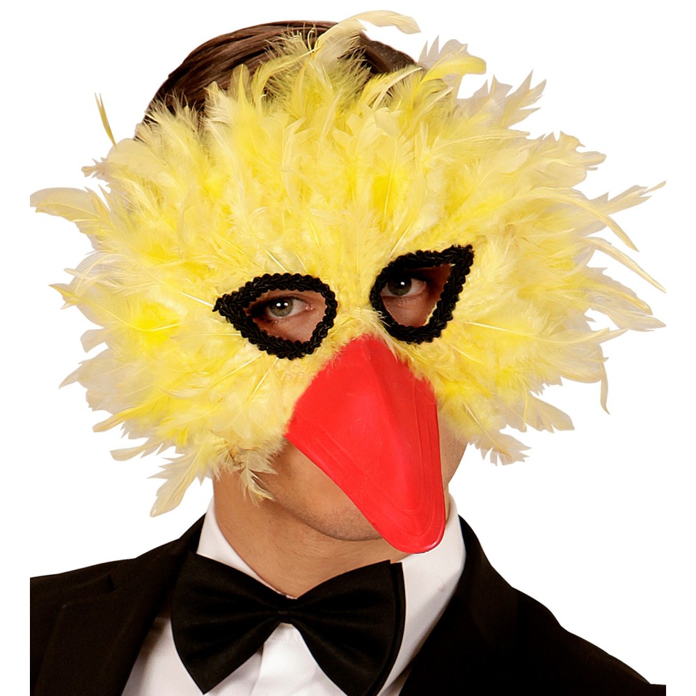 Yellow bird mask with feathers