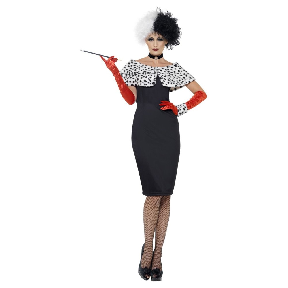 Cruella costume, dress, gloves, shoulder cover, cuffs and choker (S, 36-38)