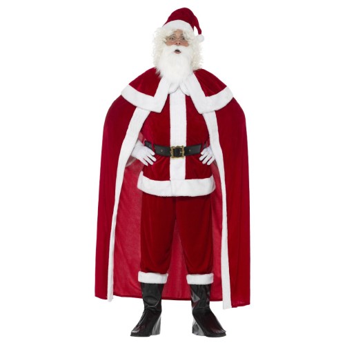 Santa costume, pants, jacket, cape, belt, boot covers, gloves, beard and hat (L)