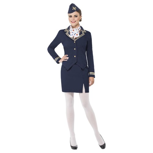 Flight attendant costume, jacket, skirt, scarf and hat, blue (S)