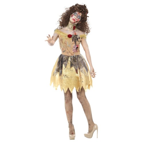 Zombie costume, gold dress, headband and choker (M)