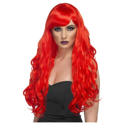 Wig with a bang, wavy, long, red